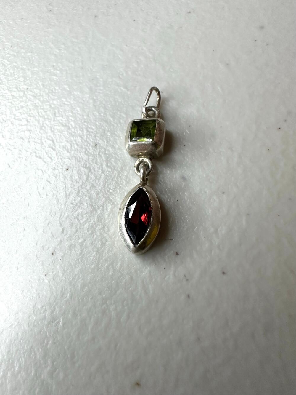Sterling Silver Green Peridot Red Garnet Drop Pendant Marquise Cut 925
